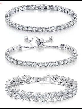 Tennis Bracelet Set Silver Yellow Gold Plated CZ 3 Piece Adjustable